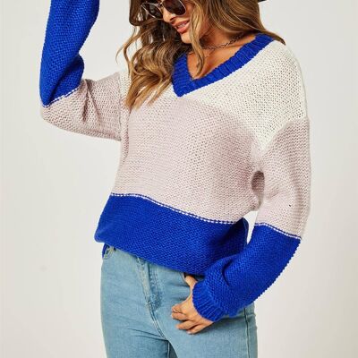 Stripe Block Colour Relaxed Knit Jumper Top In Blue & White