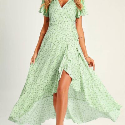 Summer Floral Print Hem Wrap Midi Dress In Mint Green