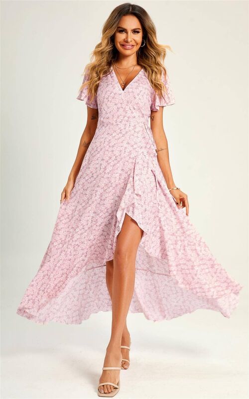 Summer Floral Print Hem Wrap Midi Dress In Pink