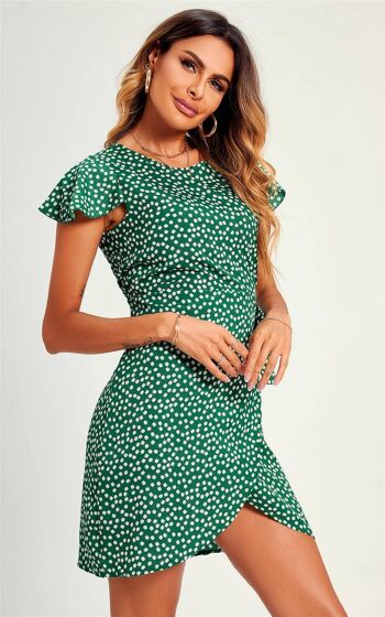 Mini robe portefeuille à imprimé floral d'été en vert 4