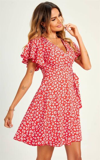 Mini robe portefeuille à imprimé floral d'été en rouge 4