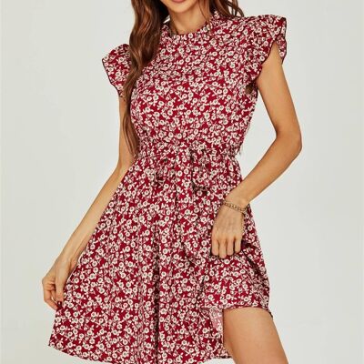 Mini robe d'été à imprimé floral et manches à volants en rouge