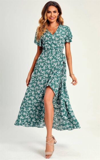 Summer Little Floral Print Hem Wrap Robe mi-longue en vert 3