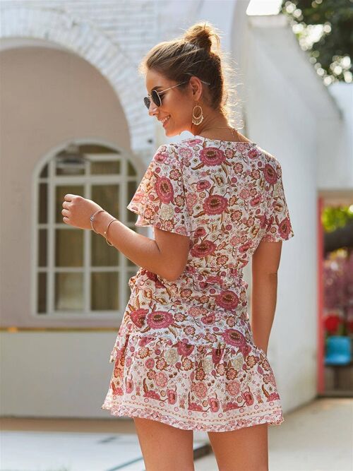 Summer Mini Dress In Peach Floral Print