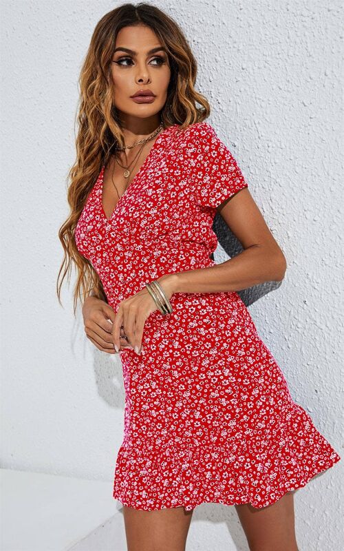 Summer Mini Dress In Red & Little White Daisy Floral