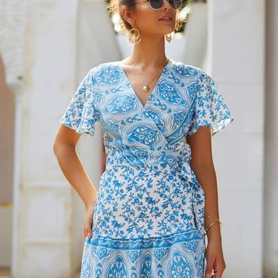 Mini robe d'été à imprimé floral bleu ciel
