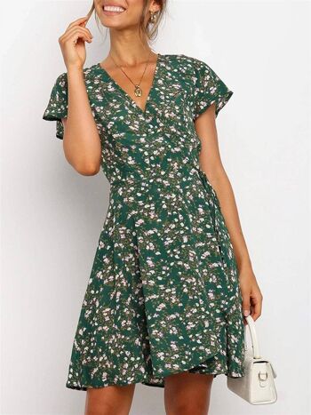 Mini robe portefeuille d'été à imprimé vert foncé 2