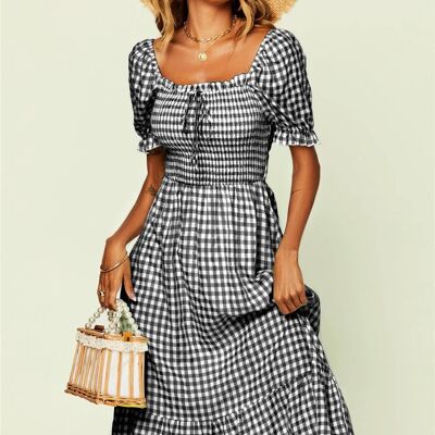 Tie Back Bardot Frill Trim Midi Dress In Black Gingham Print