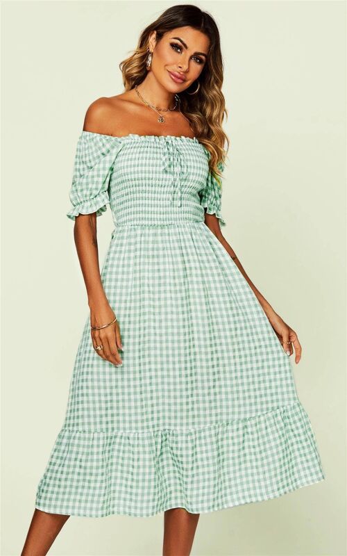 Tie Back Bardot Frill Trim Midi Dress In Green Gingham Print