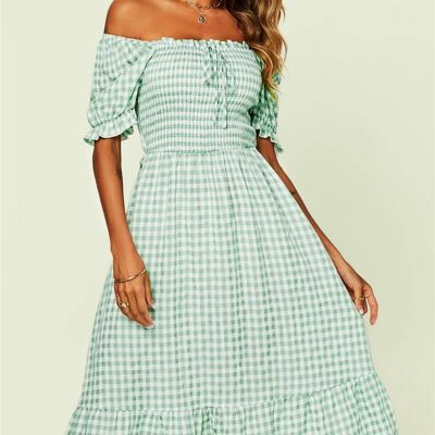 Robe mi-longue nouée dans le dos avec bordure à volants Bardot et imprimé vichy vert