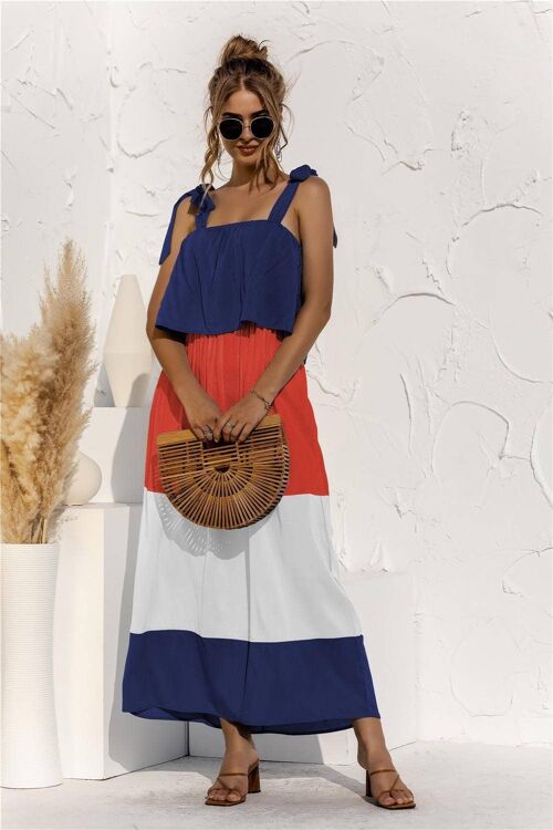 Tie Shoulder Red & White Colour Block Maxi Dress In Navy