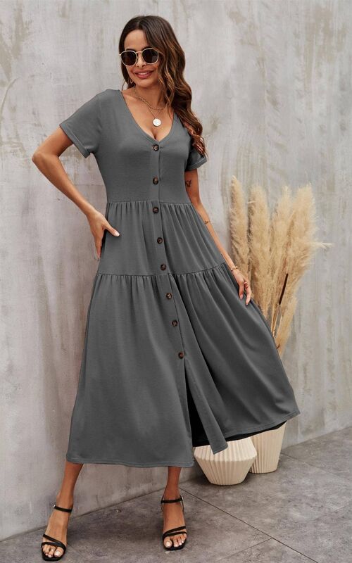 Tiered Button Front Midi Dress In Charcoal Grey