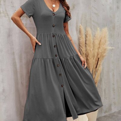 Tiered Button Front Midi Dress In Charcoal Grey