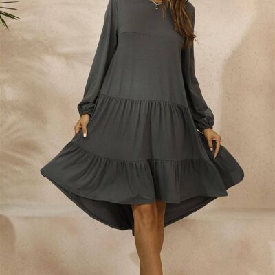 Tiered Crinkle Smock Tunic High Low Midi Dress In Charcoal Grey