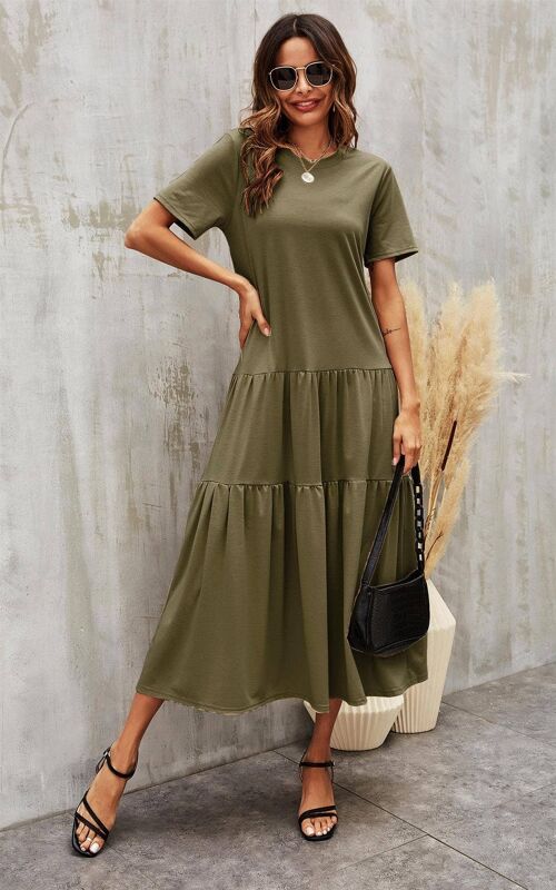 Tiered Midi Oversized Tshirt Dress In Olive Green