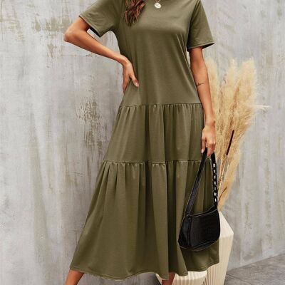 Tiered Midi Oversized Tshirt Dress In Olive Green