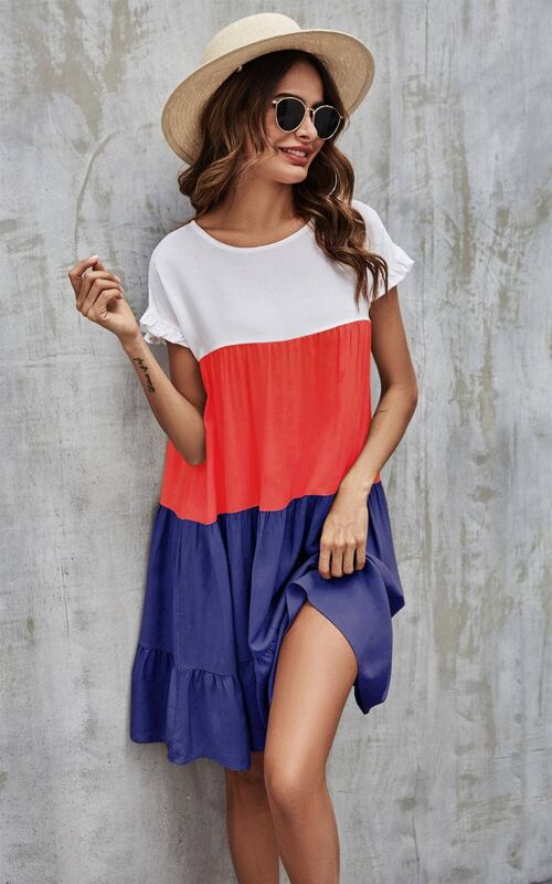 Tiered Smock Dress In Navy & Red & White