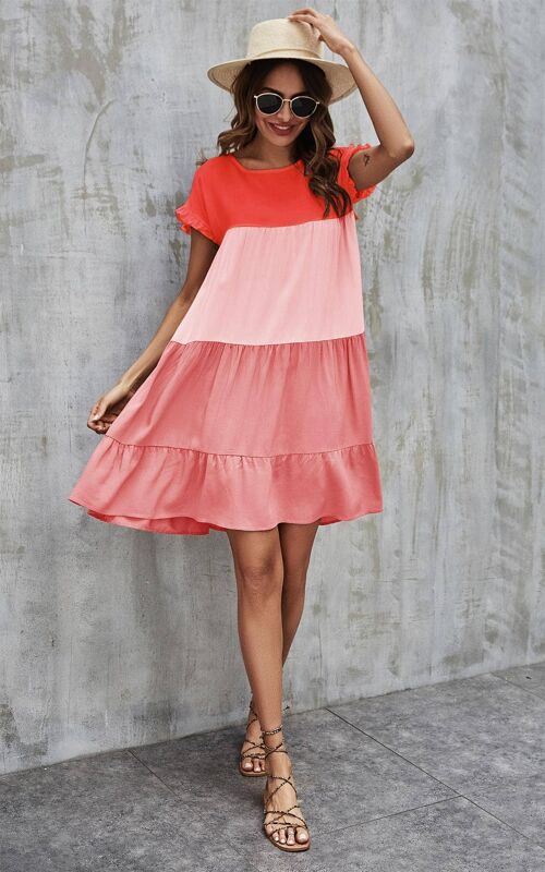 Tiered Smock Dress In Red & Pink