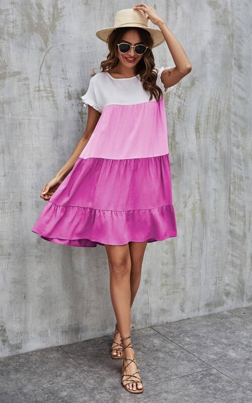 Tiered Smock Dress In White & Pink