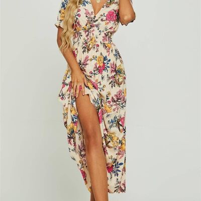 V Neck & Back Detail Boho Dress In Cream Floral Print