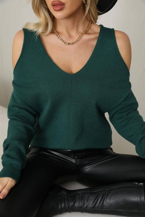 V neck & Wrap Halter Neck Two Style Jumper Top In Forest Green