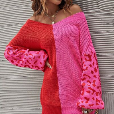 V Neck Leopard Pattern Sleeve Jumper Top Red Mixed Pink