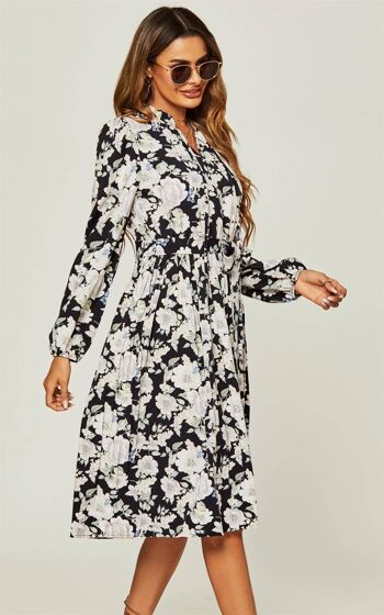Robe mi-longue avec jupe plissée et manches longues à encolure en V et imprimé floral noir 3