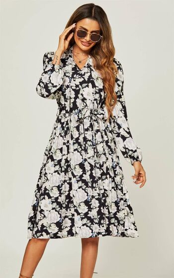 Robe mi-longue avec jupe plissée et manches longues à encolure en V et imprimé floral noir 2