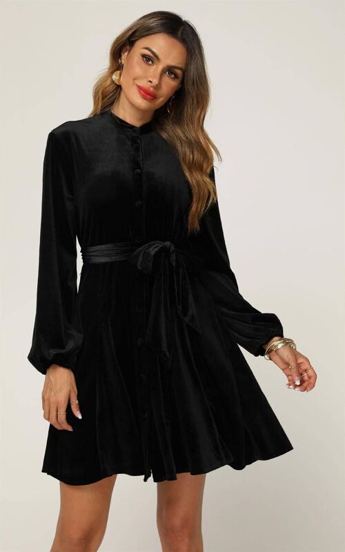 Velvet High Neck Long Sleeve Button Down Mini Dress In Black