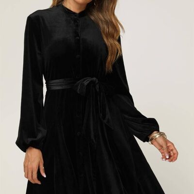 Mini robe boutonnée en velours à col montant et manches longues en noir
