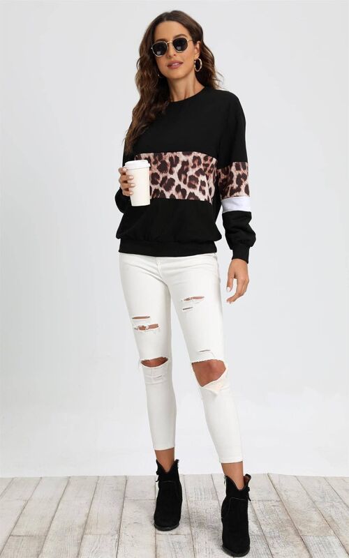 White & Animal Print Striped Top In Black