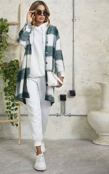 Veste-chemise blanche à carreaux brossés surdimensionnés avec poche et détail de poche - Vert et blanc 2