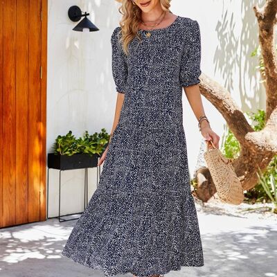 White Dot Short Sleeve Relaxed Smock Dress In Navy