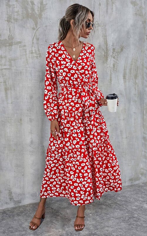 White Flora Print Tiered Long Sleeve Dress In Red