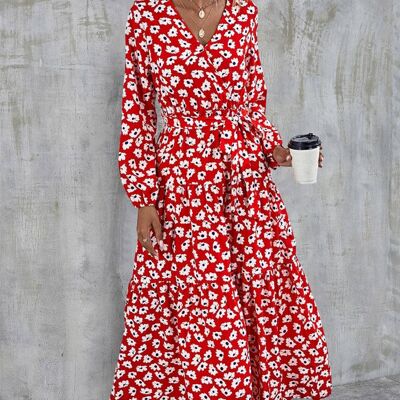 White Flora Print Tiered Long Sleeve Dress In Red
