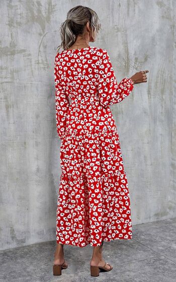 Robe blanche à manches longues et imprimé floral en rouge 2