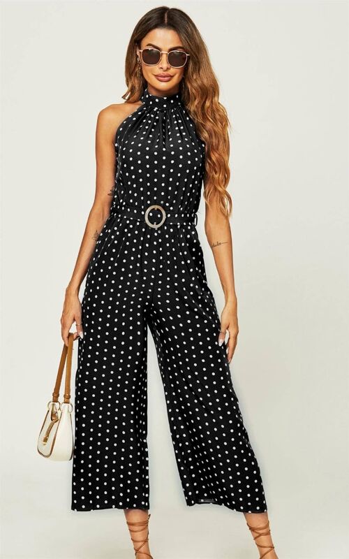 White Polka Dot High Neck Jumpsuit In Black