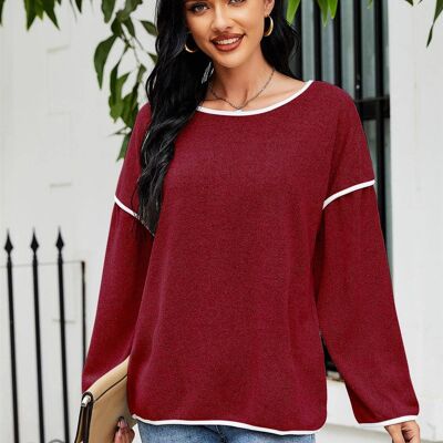 White Striped Oversized Top In Wine Red