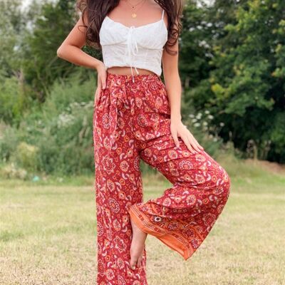 Wide Leg Trousers With Elastics Waist Band And Pockets In Orange Floral
