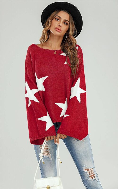 Wide Sleeve Oversize Red Jumper With White Star