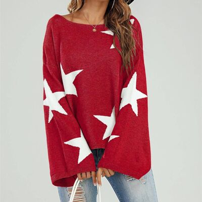 Wide Sleeve Oversized Red Jumper With White Star