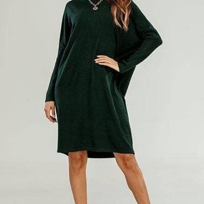 Wool Blended Batwing Knit Jumper Dress In Dark Green