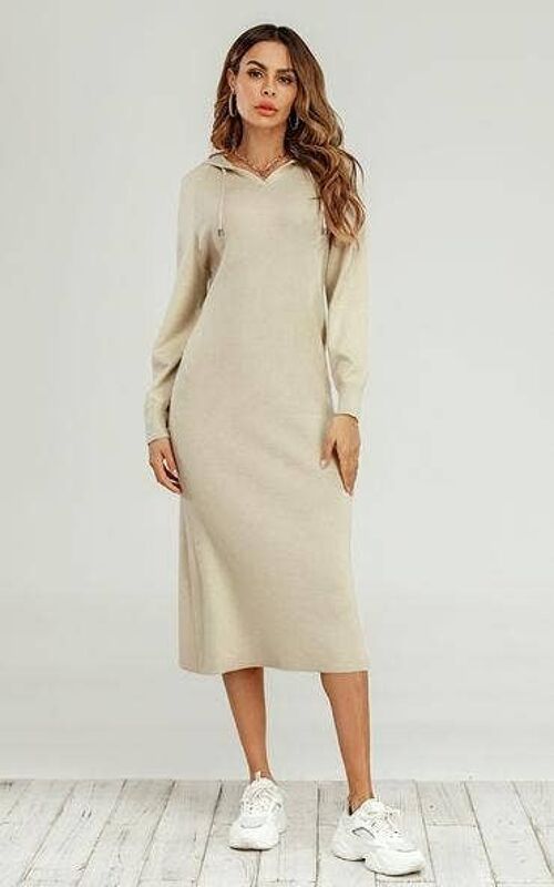 Wool Blended Midi Hooded Knit Jumper Dress In Cream