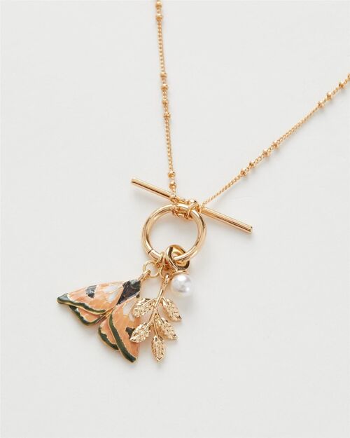 Enamel Moth & Leaf Charm Necklace - Hanging Box