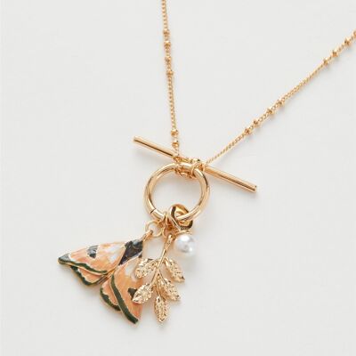 Enamel Moth & Leaf Charm Necklace - Hanging Box