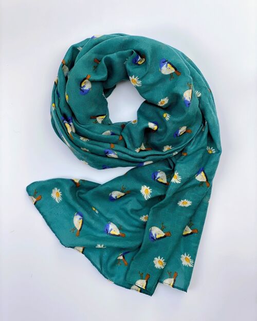 Teal Daisy & Blue Tit Scarf