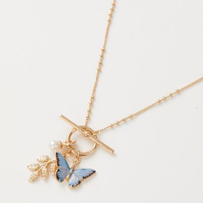 Collier à breloques papillon et feuille bleu en émail