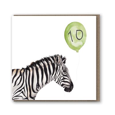Biglietto di palloncini per il decimo compleanno della zebra