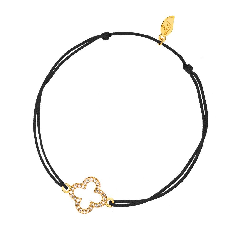 Pulsera trébol de la suerte, circonitas, baño de oro amarillo de 18 K, color negro