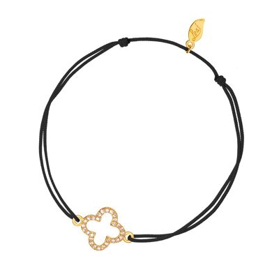Bracelet trèfle porte-bonheur, zircone, plaqué or jaune 18 carats, noir